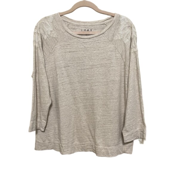 Loft Oatmeal Beige Pullover Knit Top Beaded Embroidered Shoulder Womens Large - Picture 1 of 7